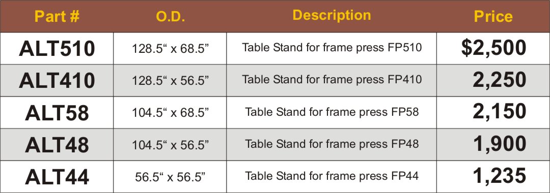 Aluminum table stand price sheet