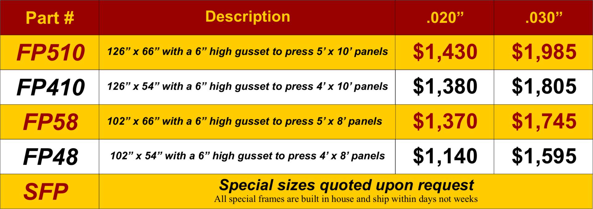 Flip top frame press table price chart