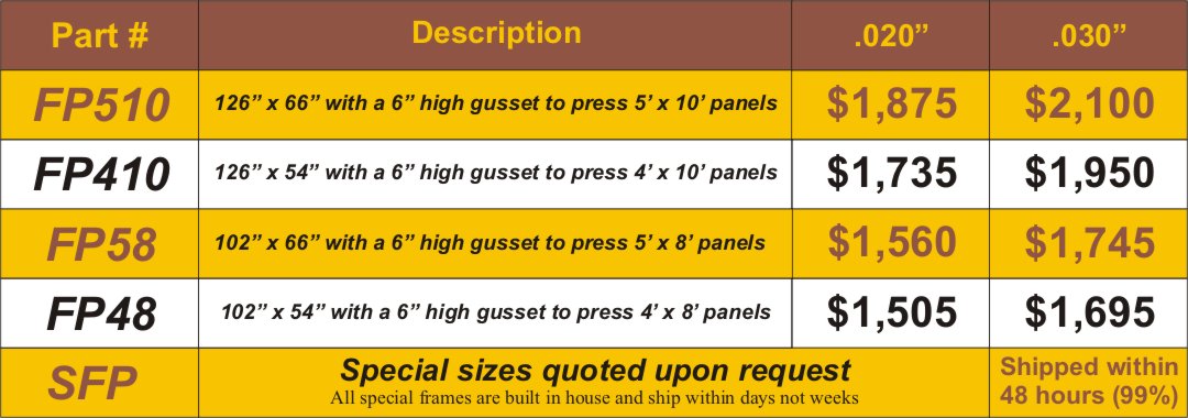 Flip top frame press table price chart