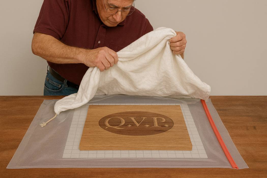 removing electric blanket from vacuum bag to reveal veneered piece