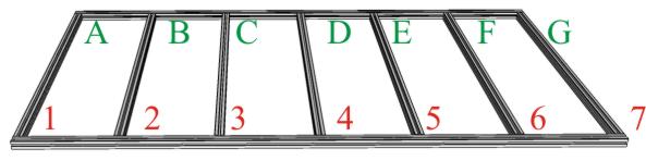 Top frame construction. Letter side and number side stiles laid out with 7 cross rails slid into place