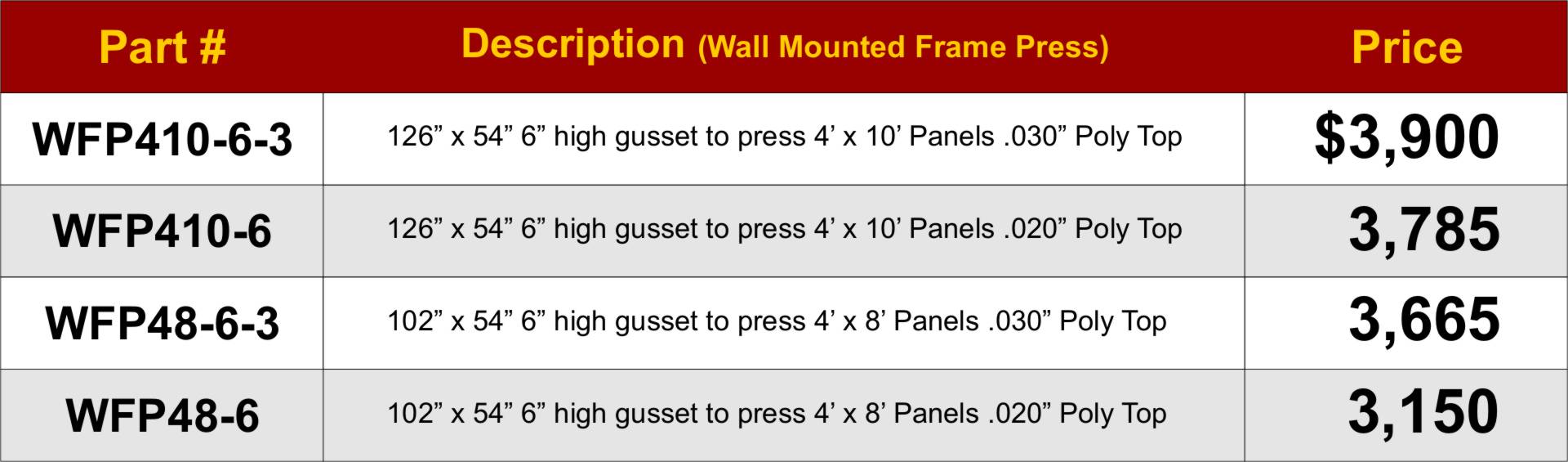 Wall hung frame press price sheet